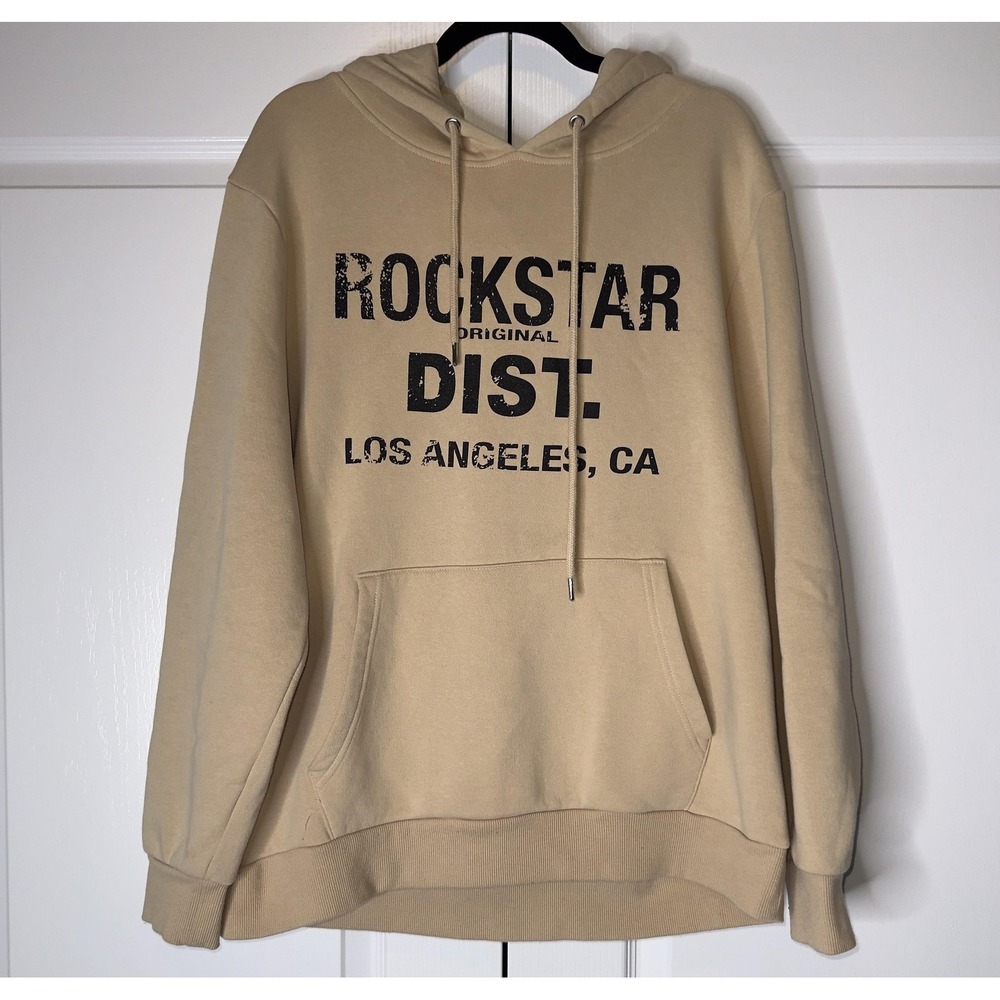 Rockstar Original Hoodie Mens Large Beige Graphic Fleece Pullover Sweatshirt